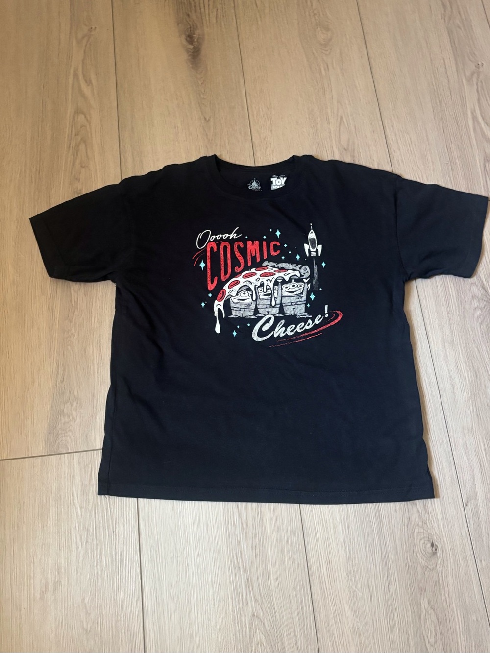 Loungefly Black Tee with Red, White & Teal Cosmic Cheese Graphic